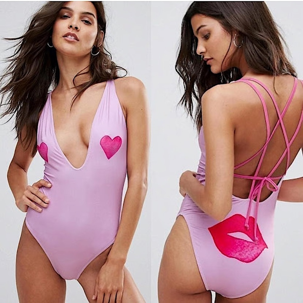 New Chaser Love & Kisses Deep Plunge Neck Swimsuit One Piece Strappy Open Back M